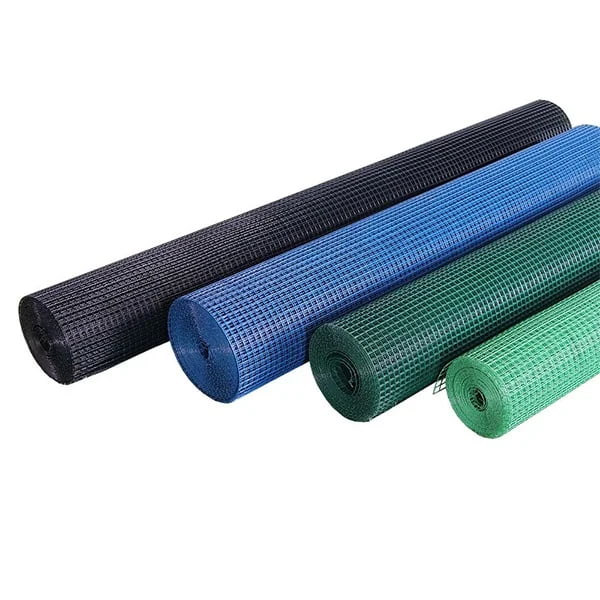 Close-up of welded wire mesh with PVC coating surface