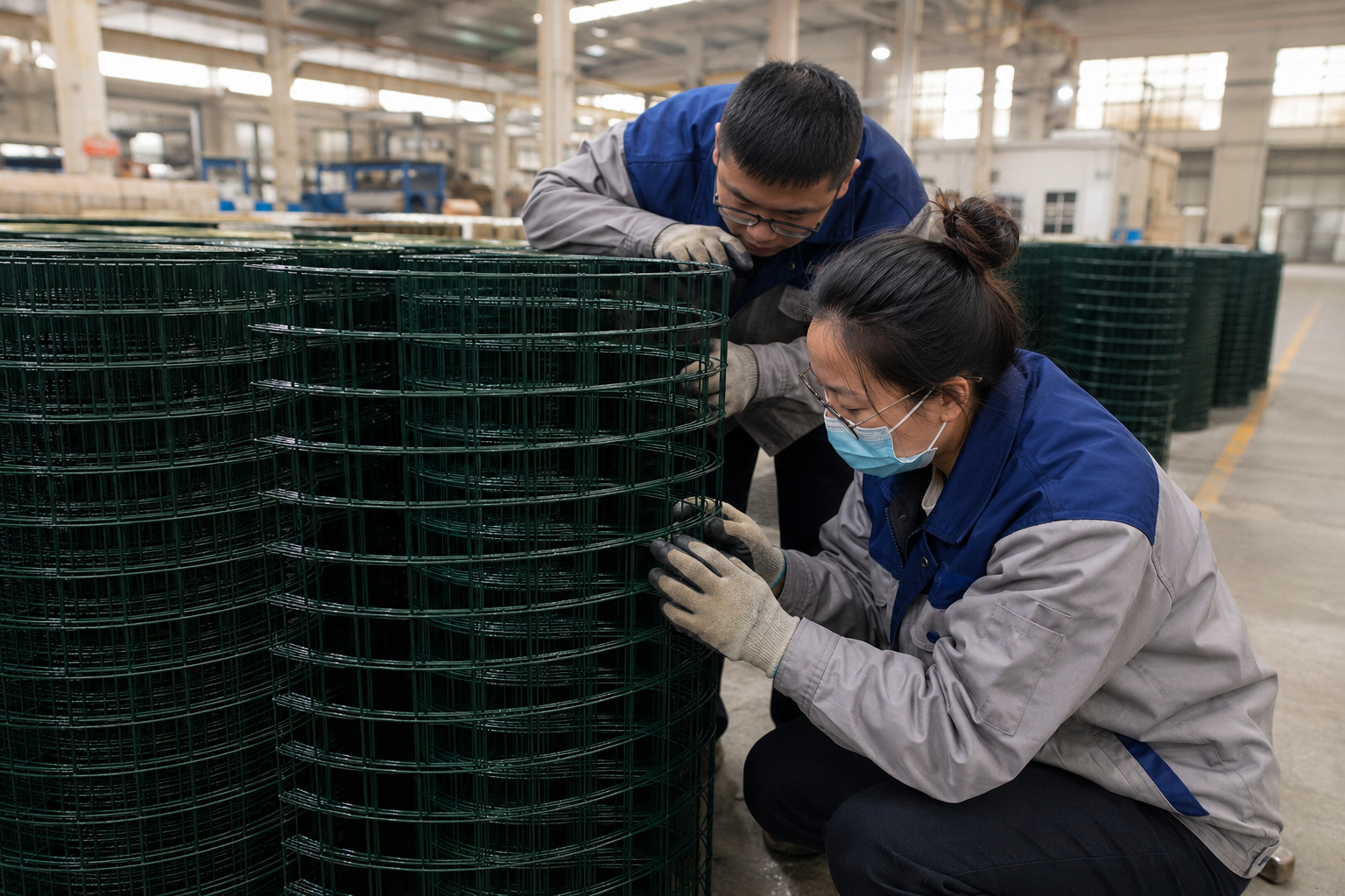 Quality control inspection of welded wire mesh rolls in factory