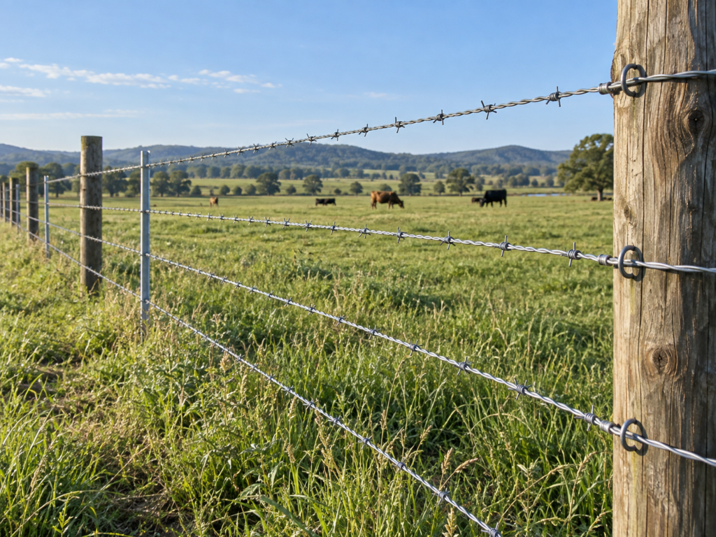 Galvanized barbed wire installed on a livestock pasture fence