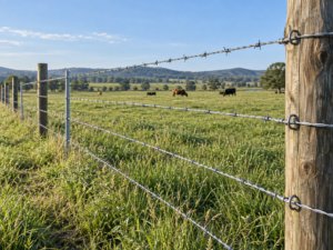 Galvanized barbed wire installed on a livestock pasture fence