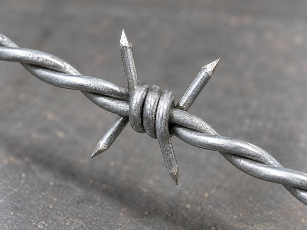 Close-up of double-strand galvanized barbed wire with four-point barb