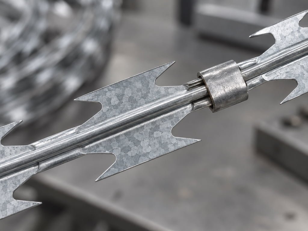 Close-up of galvanized razor tape, core wire and concertina clip