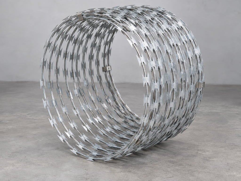 Concertina razor wire installed on an industrial security fence